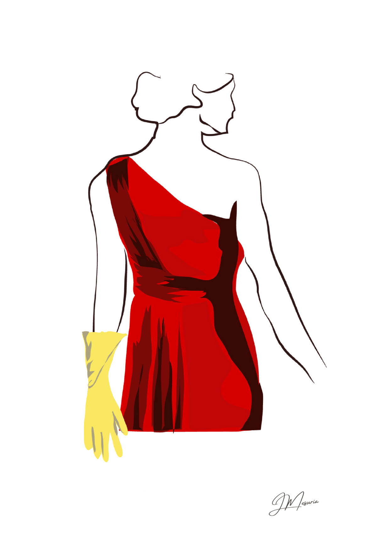 Fashion illustration of a woman in profile wearing a one-shoulder red dress and a yellow glove, on a white background with a small artist signature at the bottom right.